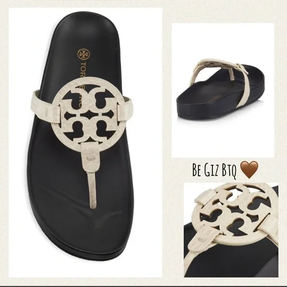 Tory Burch Authentic Leather Miller Cloud Leather Thong Slides Navy/Cream Size8M